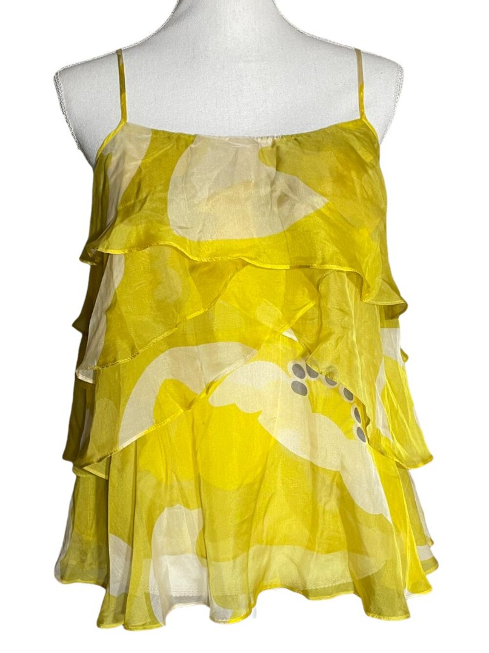 Y2K 100% Silk Chiffon Layered Cami M Ruffle Ya Da Yellow Cream Abstract Blob